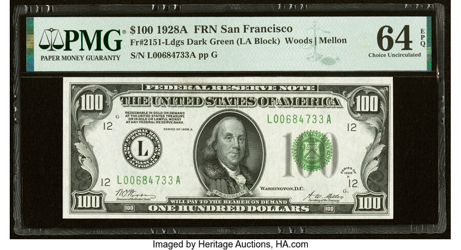 Fr. 2151-L $100 1928A Federal Reserve Note. PMG Choice Uncirculated 64 EPQ....
