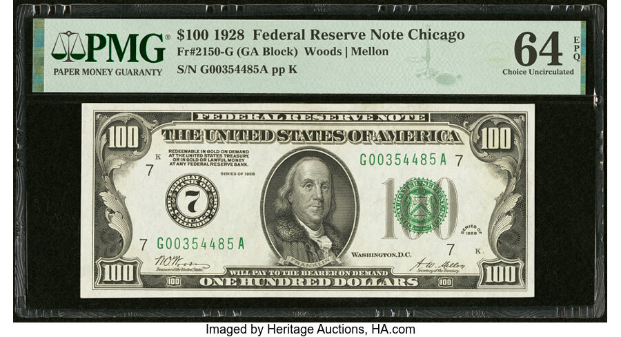 Fr. 2150-G $100 1928 Federal Reserve Note. PMG Choice Uncirculated 64 EPQ....