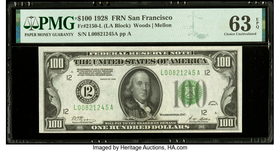 Fr. 2150-L $100 1928 Federal Reserve Note. PMG Choice Uncirculated 63 EPQ....