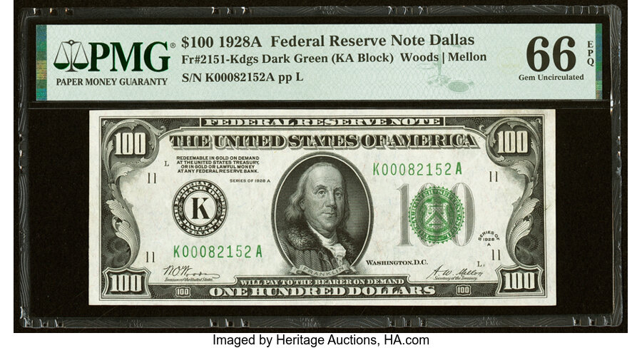 Fr. 2151-K $100 1928A Federal Reserve Note. PMG Gem Uncirculated 66 EPQ....