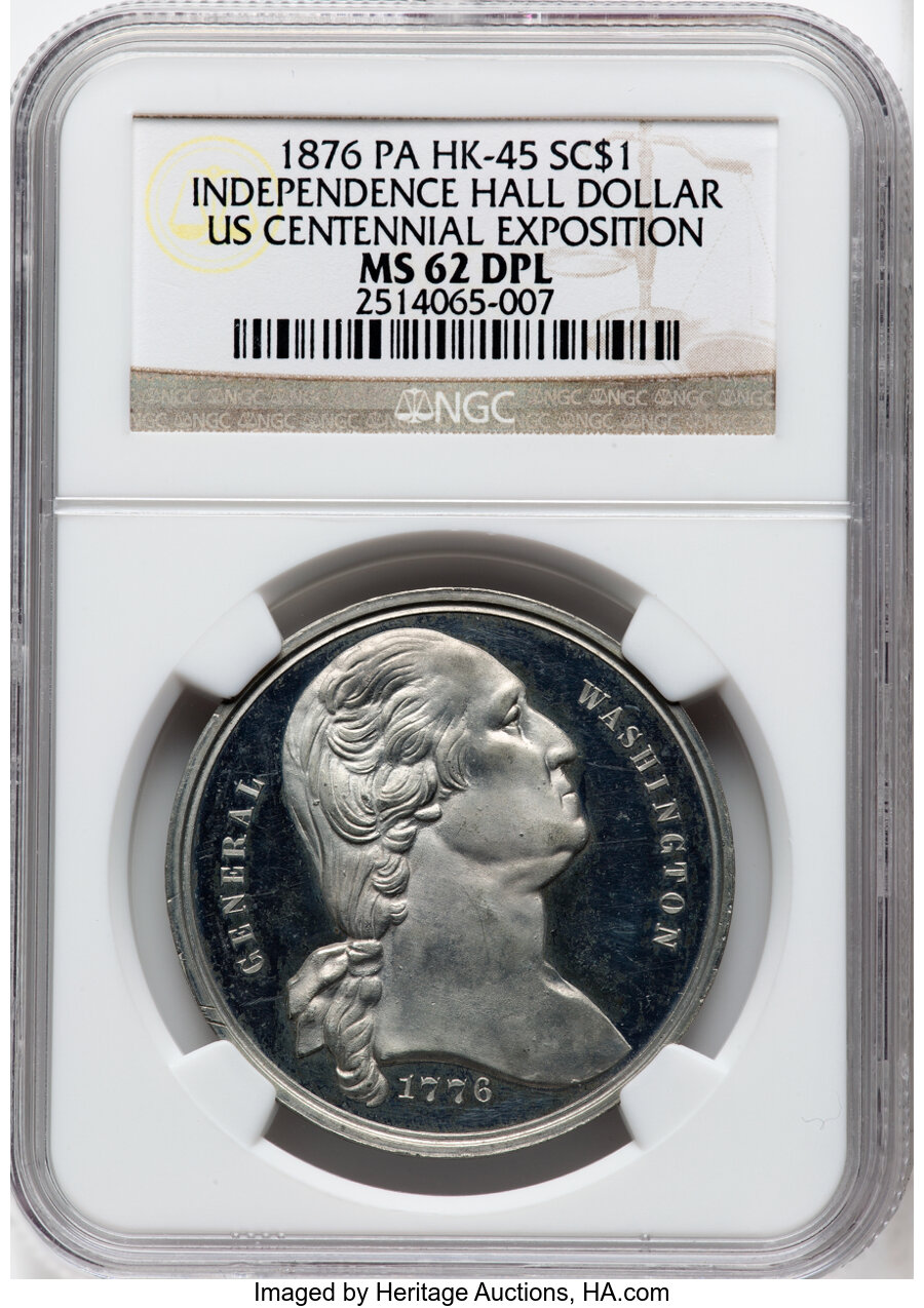 1876 $1 U.S. Centennial Exposition, Independence Hall Dollar, MS62 Deep Prooflike NGC. Baker-394C, HK-45, Raymond-1, Abler-32...