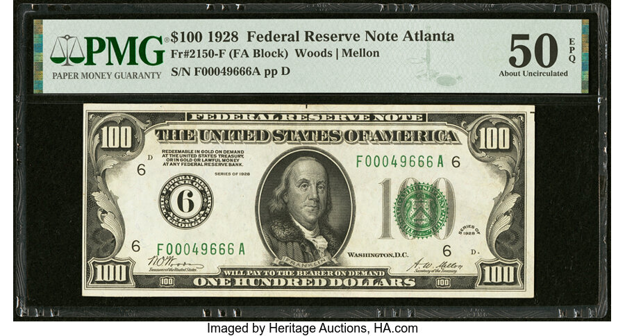 Fr. 2150-F $100 1928 Federal Reserve Note. PMG About Uncirculated 50 EPQ....