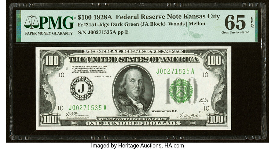 Fr. 2151-J $100 1928A Federal Reserve Note. PMG Gem Uncirculated 65 EPQ....