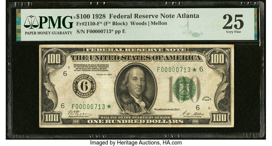 Fr. 2150-F* $100 1928 Federal Reserve Star Note. PMG Very Fine 25....