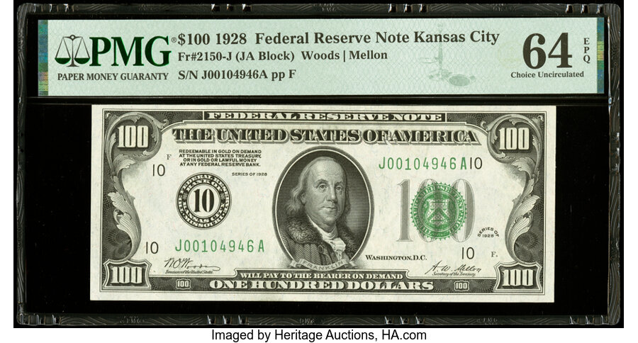 Fr. 2150-J $100 1928 Federal Reserve Note. PMG Choice Uncirculated 64 EPQ....