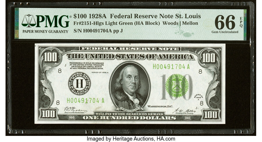 Fr. 2151-H $100 1928A Light Green Seal Federal Reserve Note. PMG Gem Uncirculated 66 EPQ....