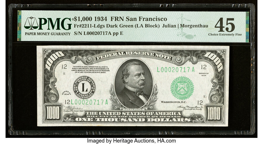 Fr. 2211-L $1,000 1934 Federal Reserve Note. PMG Choice Extremely Fine 45....