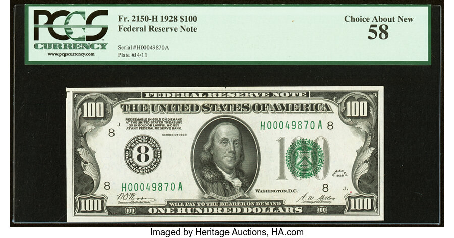 Fr. 2150-H $100 1928 Federal Reserve Note. PCGS Choice About New 58....
