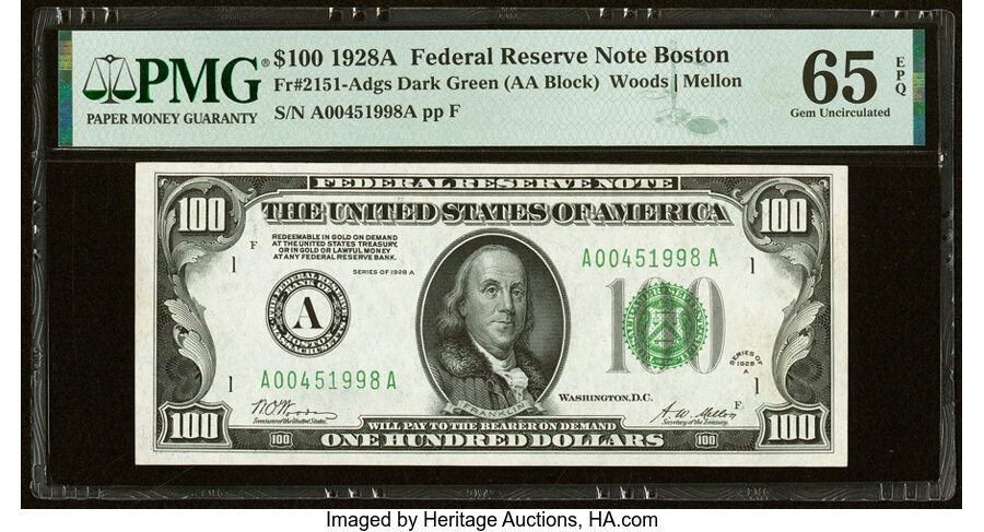 Fr. 2151-A $100 1928A Federal Reserve Note. PMG Gem Uncirculated 65 EPQ....