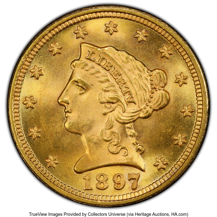 1897 $2 1/2 MS65 PCGS. CAC. CAC Population: (29/28). Mintage 29,768. ...