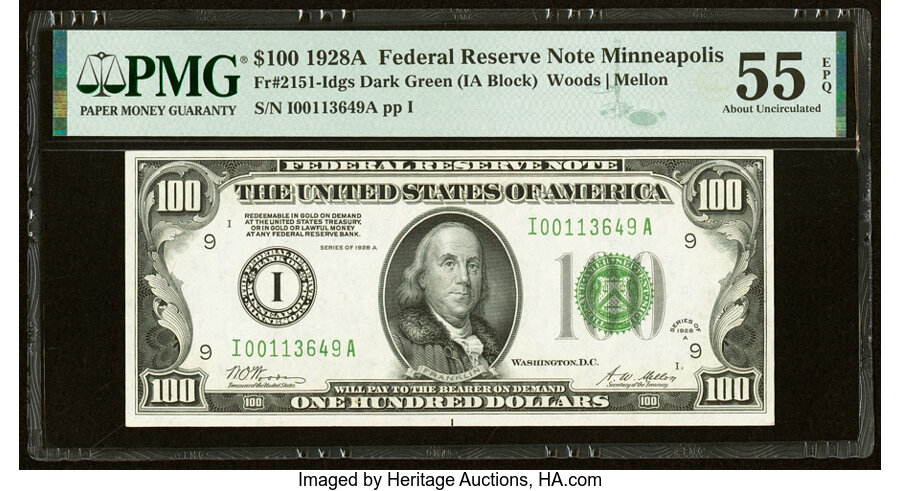 Fr. 2151-I $100 1928A Federal Reserve Note. PMG About Uncirculated 55 EPQ....