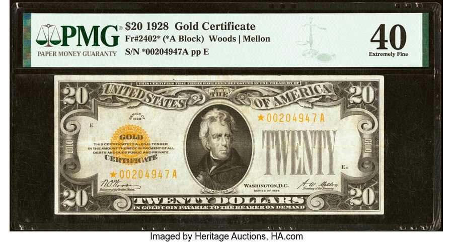 Fr. 2402* $20 1928 Gold Certificate Star. PMG Extremely Fine 40....