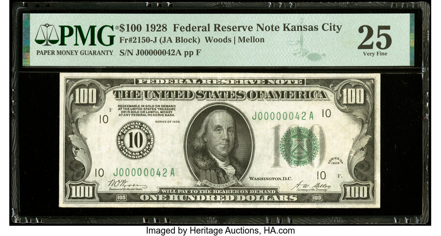 Low Serial Number 42 Fr. 2150-J $100 1928 Federal Reserve Note. PMG Very Fine 25....