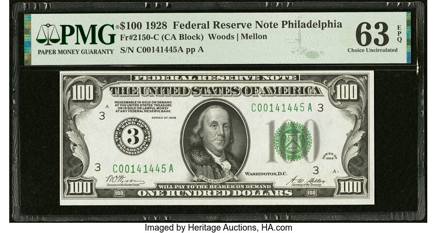 Fr. 2150-C $100 1928 Federal Reserve Note. PMG Choice Uncirculated 63 EPQ....