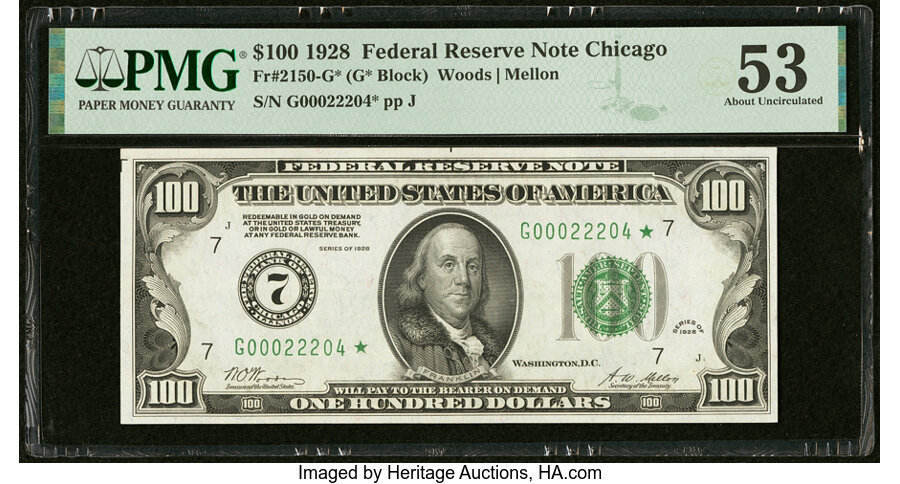 Fr. 2150-G* $100 1928 Federal Reserve Star Note. PMG About Uncirculated 53....