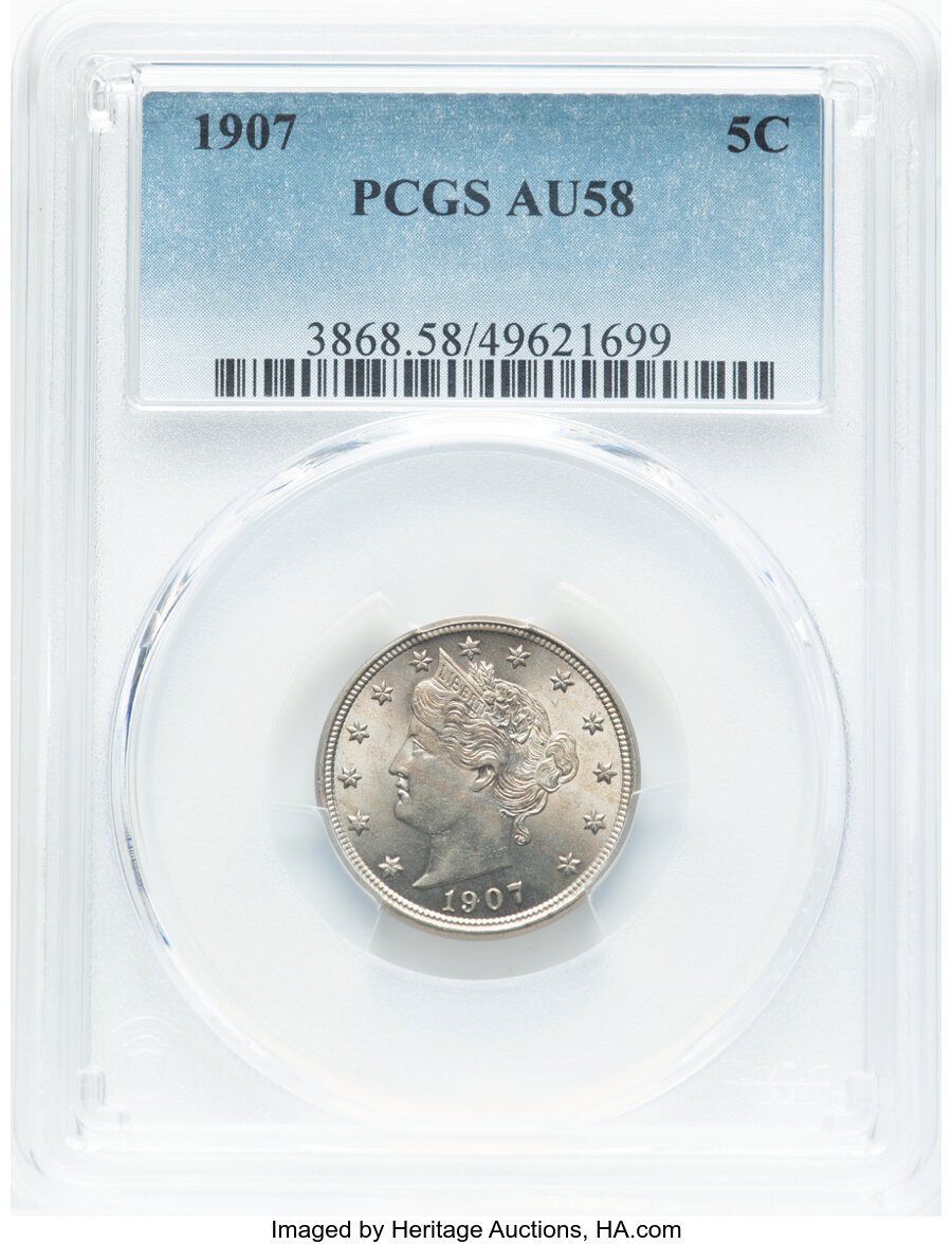 1907 5C AU58 PCGS. Mintage 39,214,800. ...