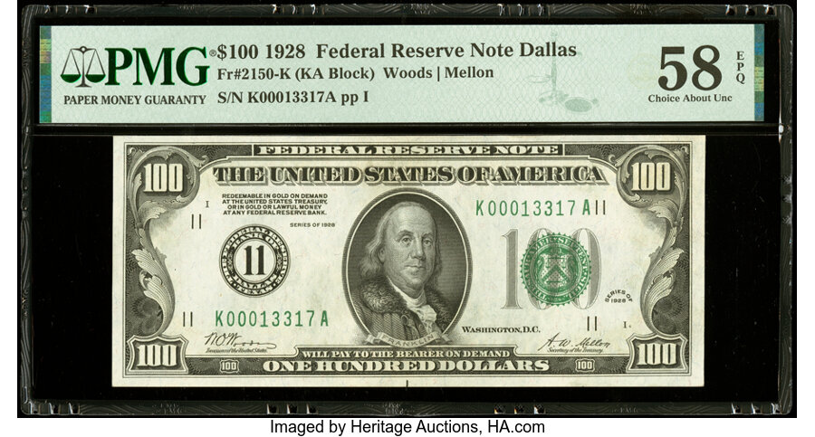 Fr. 2150-K $100 1928 Federal Reserve Note. PMG Choice About Unc 58 EPQ....