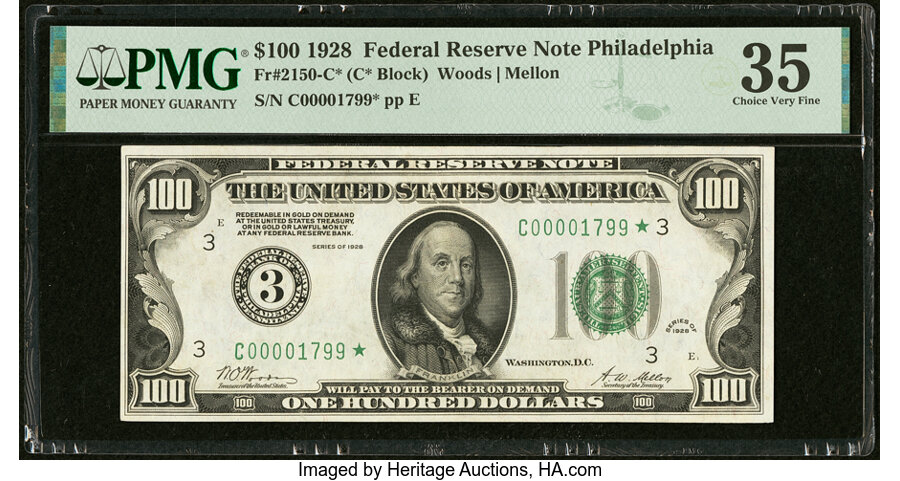 Fr. 2150-C* $100 1928 Federal Reserve Star Note. PMG Choice Very Fine 35....