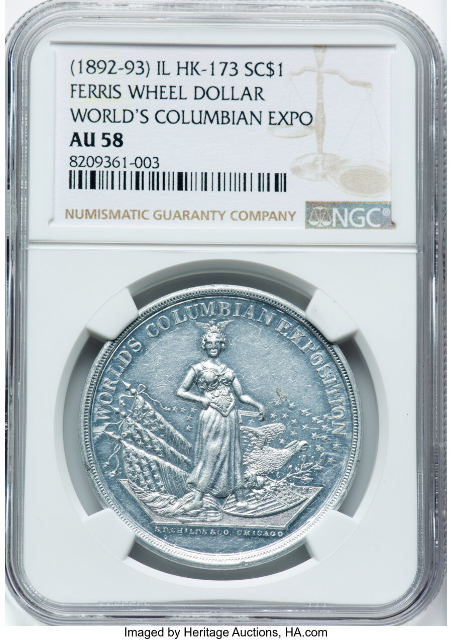 (1893) World's Columbian Exposition, Ferris Wheel, Aluminum, HK-173, Eglit-537, R.5, AU58 NGC. Chicago, IL. NGC Census: (7/5...