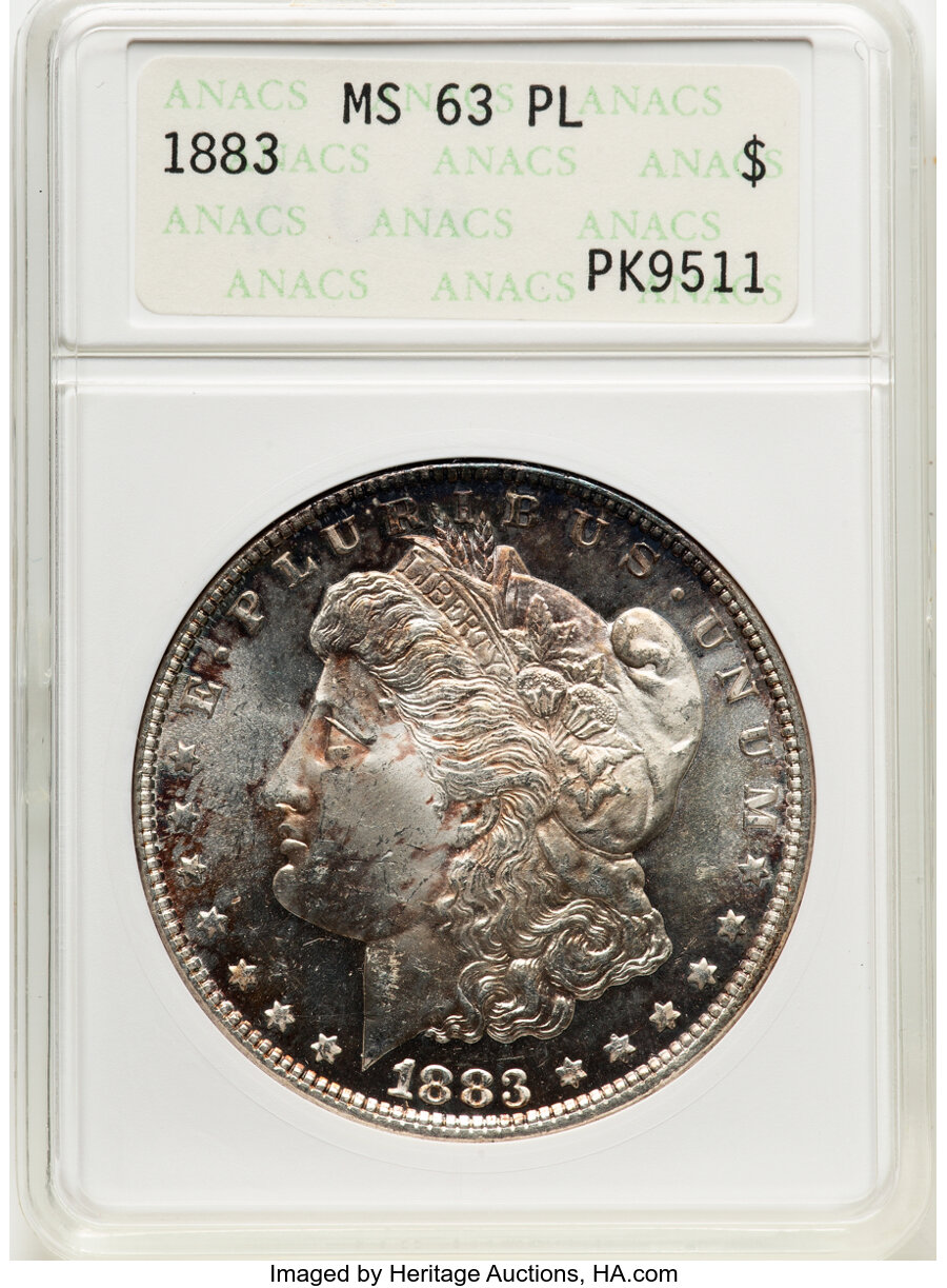 1883 $1 MS63 Prooflike ANACS. Mintage 12,291,039. ...