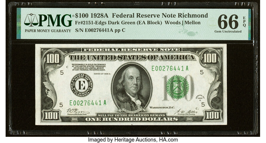 Fr. 2151-E $100 1928A Federal Reserve Note. PMG Gem Uncirculated 66 EPQ....