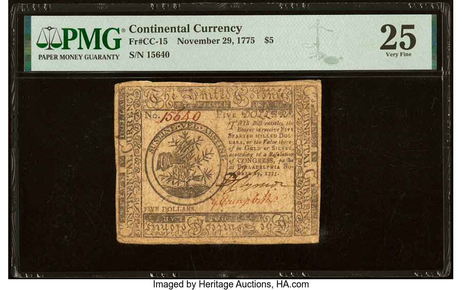 Continental Currency November 29, 1775 $5 PMG Very Fine 25....