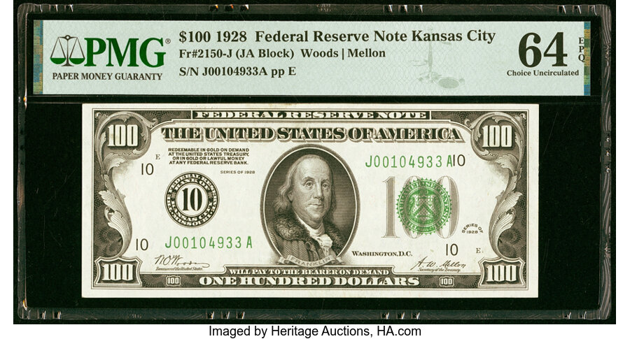 Fr. 2150-J $100 1928 Federal Reserve Note. PMG Choice Uncirculated 64 EPQ....
