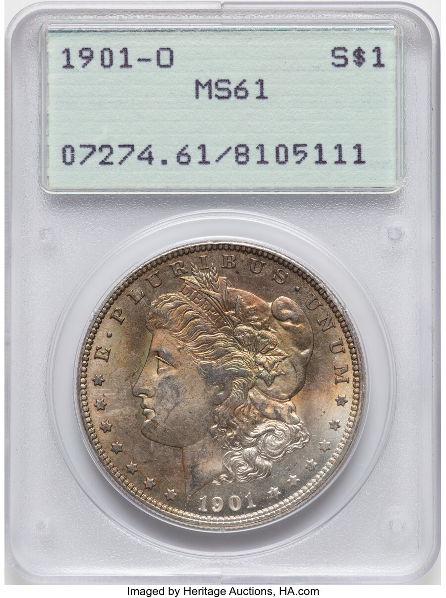 1901-O $1 MS61 PCGS. This piece is housed in a first-generation "rattler" holder. Mintage 13,320,000....