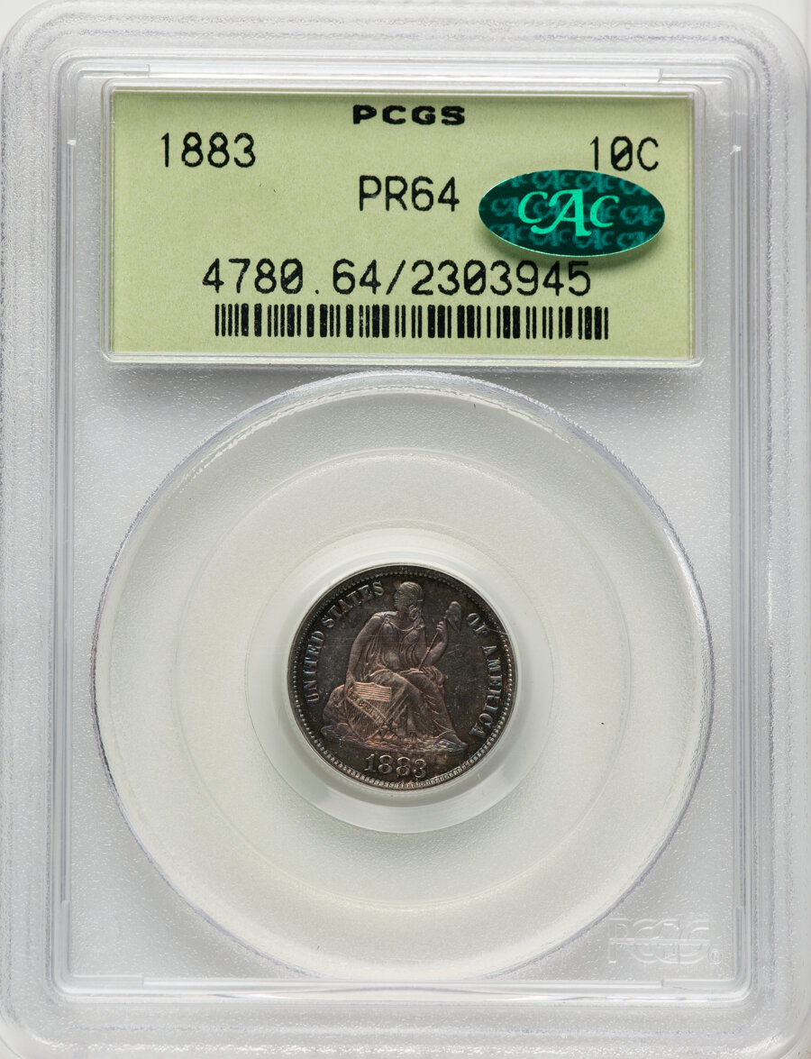 1883 10C PR64 PCGS. CAC. This piece is housed in a green label holder. PCGS Population: (98/97). NGC Census: (73/107). CDN:...
