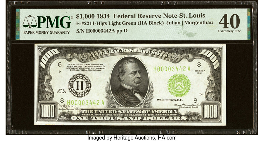 Fr. 2211-H $1,000 1934 Light Green Seal Federal Reserve Note. PMG Extremely Fine 40....