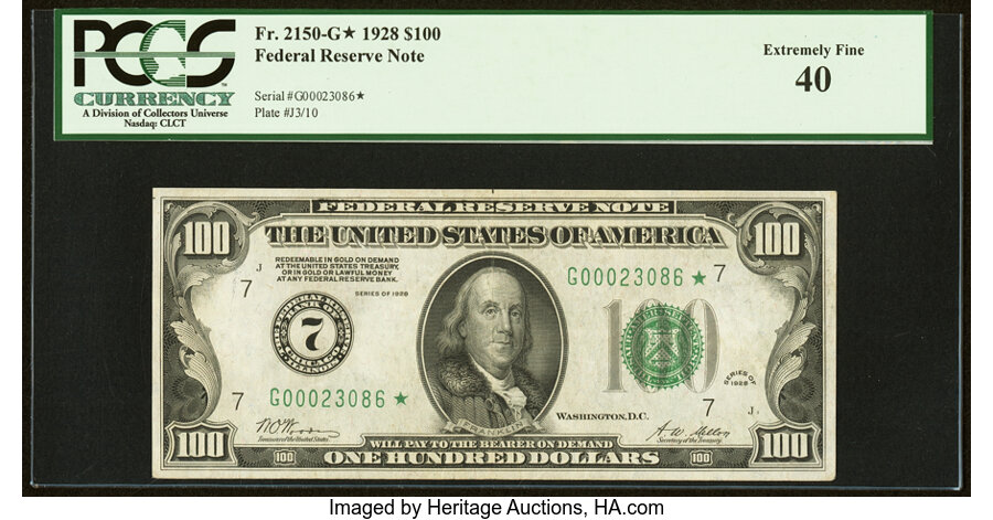 Fr. 2150-G* $100 1928 Federal Reserve Star Note. PCGS Extremely Fine 40....