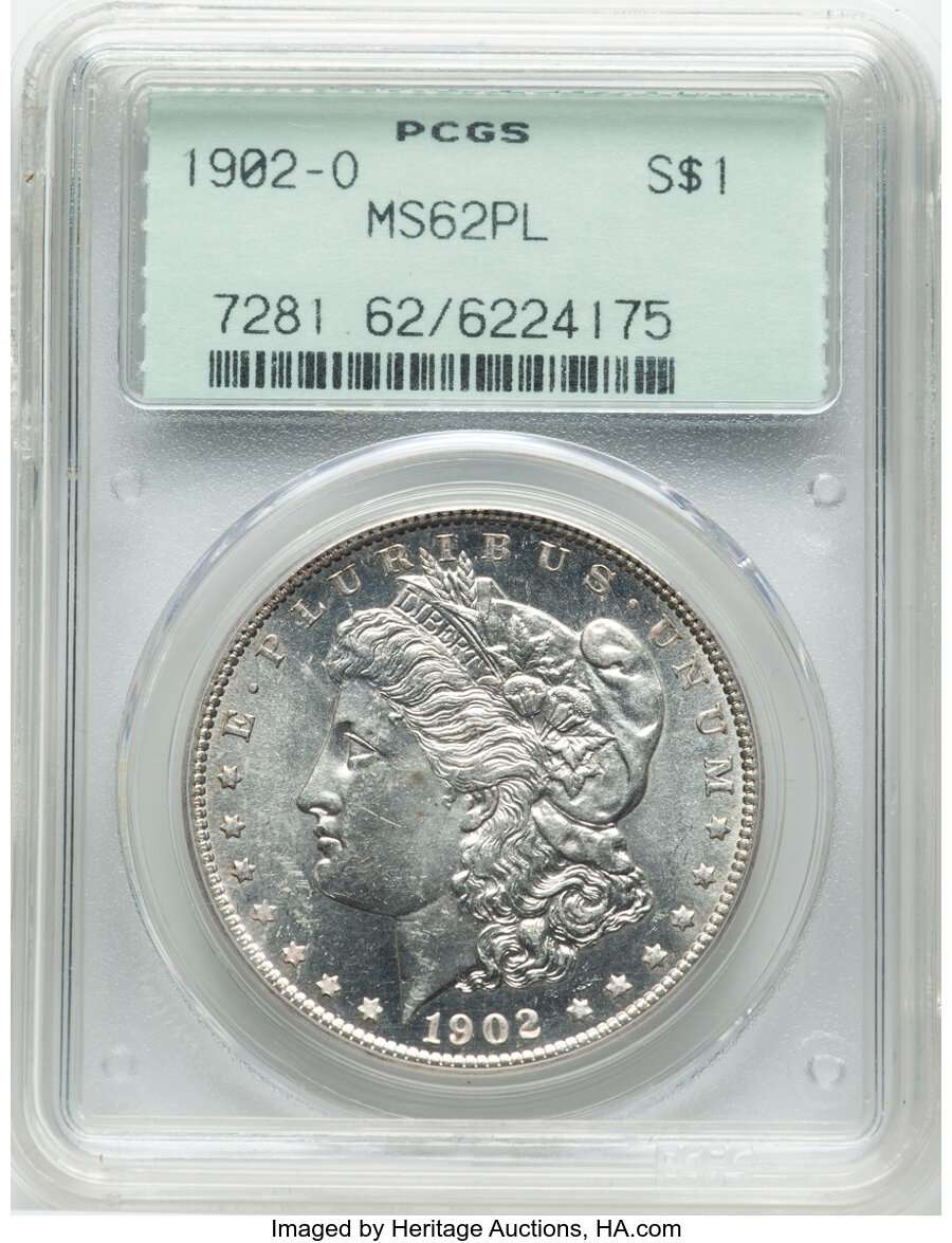 1902-O $1 MS62 Prooflike PCGS. This piece is housed in a PCGS green label holder. PCGS Population: (92/679). NGC Census: (7...