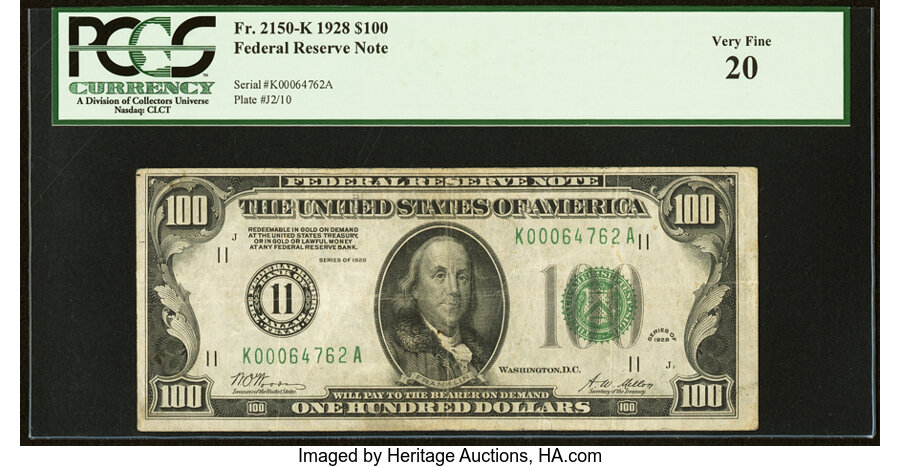Fr. 2150-K $100 1928 Federal Reserve Note. PCGS Very Fine 20....