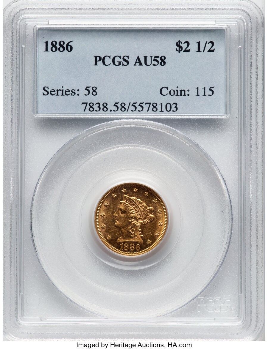 1886 $2 1/2 AU58 PCGS. PCGS Population: (36/65). Mintage 4,000. ...