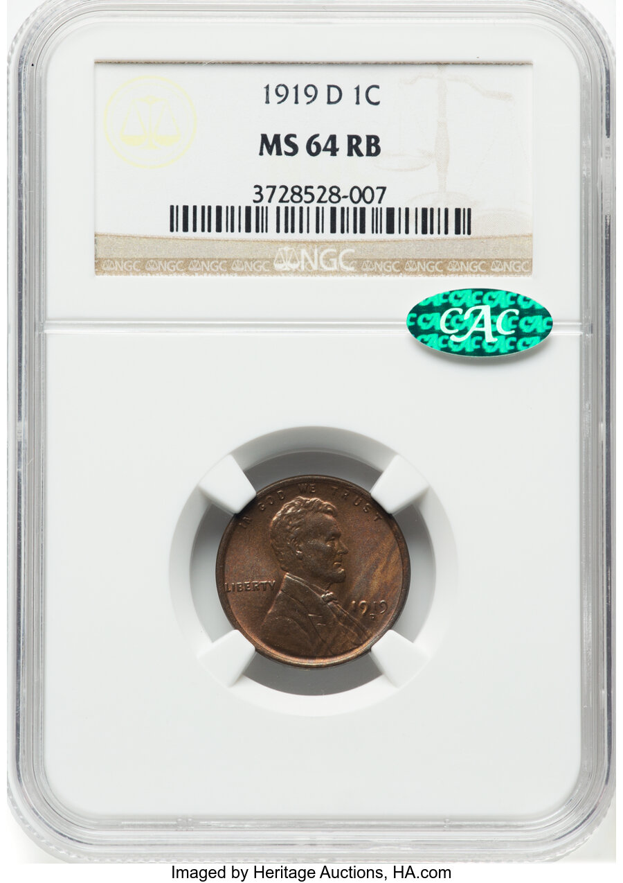 1919-D 1C MS64 Red and Brown NGC. CAC. CAC Population: (25/24). Mintage 57,154,000. ...