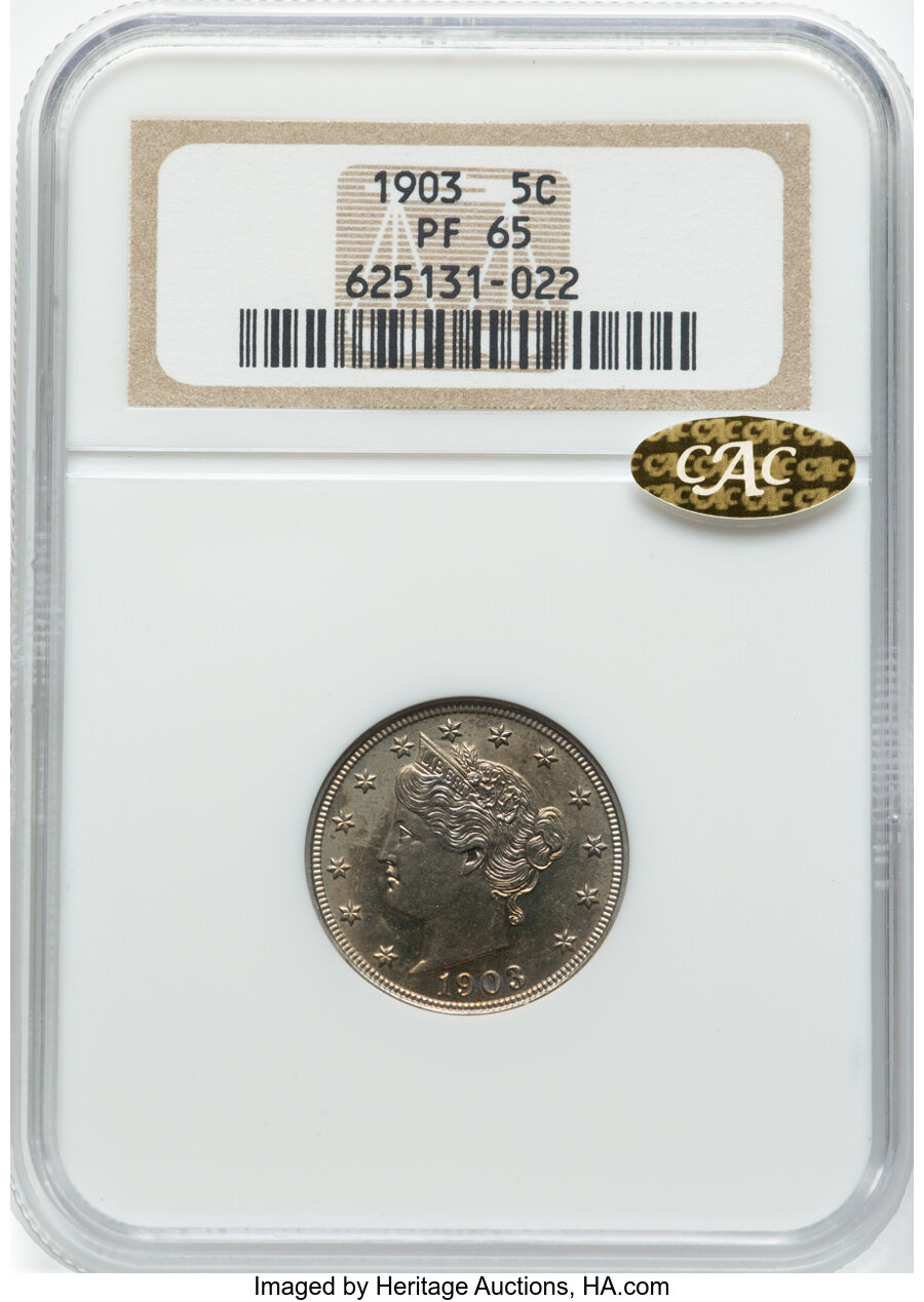 1903 5C PR65 NGC. Gold CAC. CAC Population: (18/52). Mintage 1,790. ...