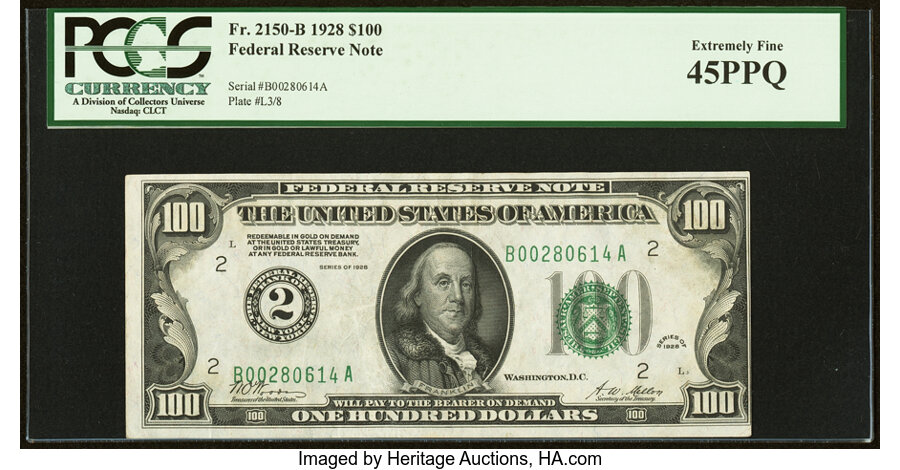 Fr. 2150-B $100 1928 Federal Reserve Note. PCGS Extremely Fine 45PPQ....