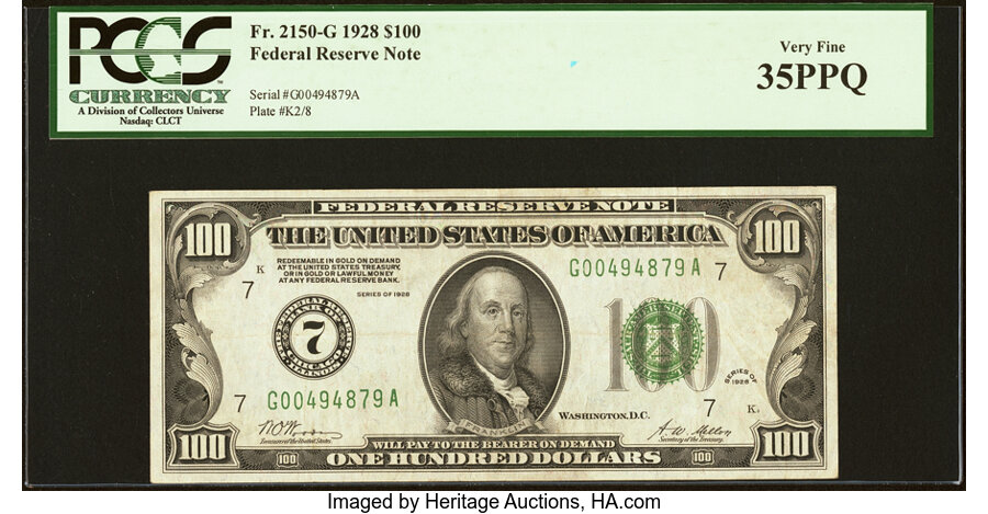 Fr. 2150-G $100 1928 Federal Reserve Note. PCGS Very Fine 35PPQ....