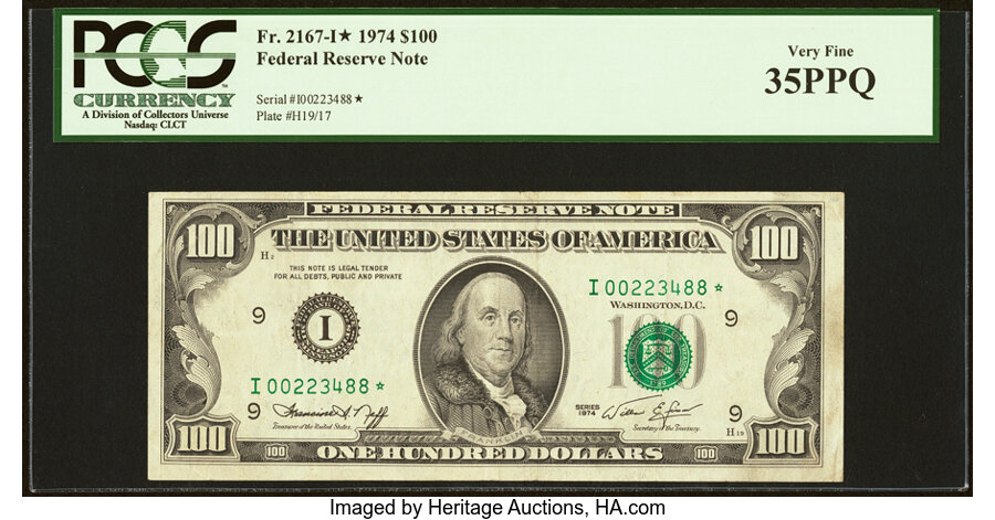 Fr. 2167-I* $100 1974 Federal Reserve Star Note. PCGS Very Fine 35PPQ....