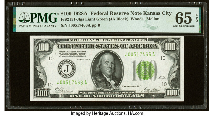 Fr. 2151-J $100 1928A Light Green Seal Federal Reserve Note. PMG Gem Uncirculated 65 EPQ....
