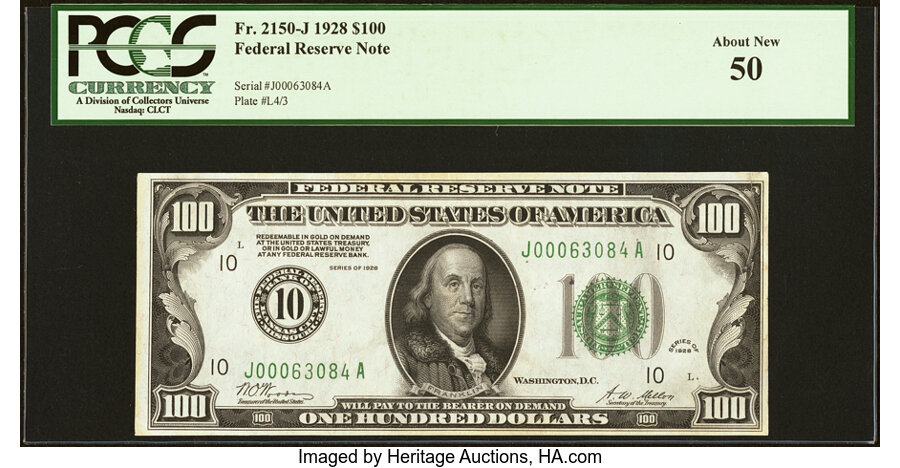 Fr. 2150-J $100 1928 Federal Reserve Note. PCGS About New 50....