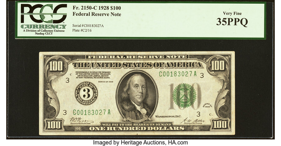 Fr. 2150-C $100 1928 Federal Reserve Note. PCGS Very Fine 35PPQ....