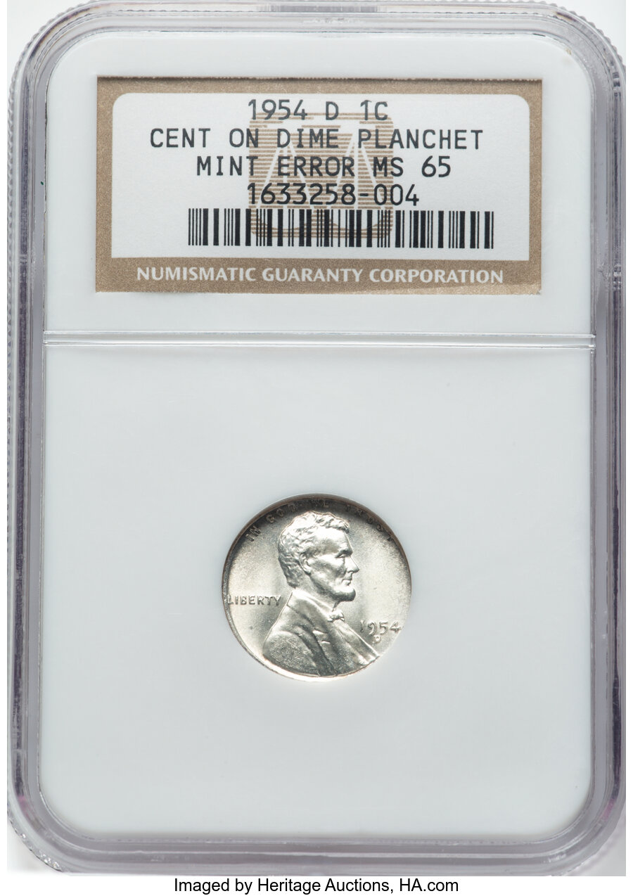 1954-D 1C Lincoln Cent -- Cent on Dime Planchet -- MS65 NGC. Mintage 251,552,500....