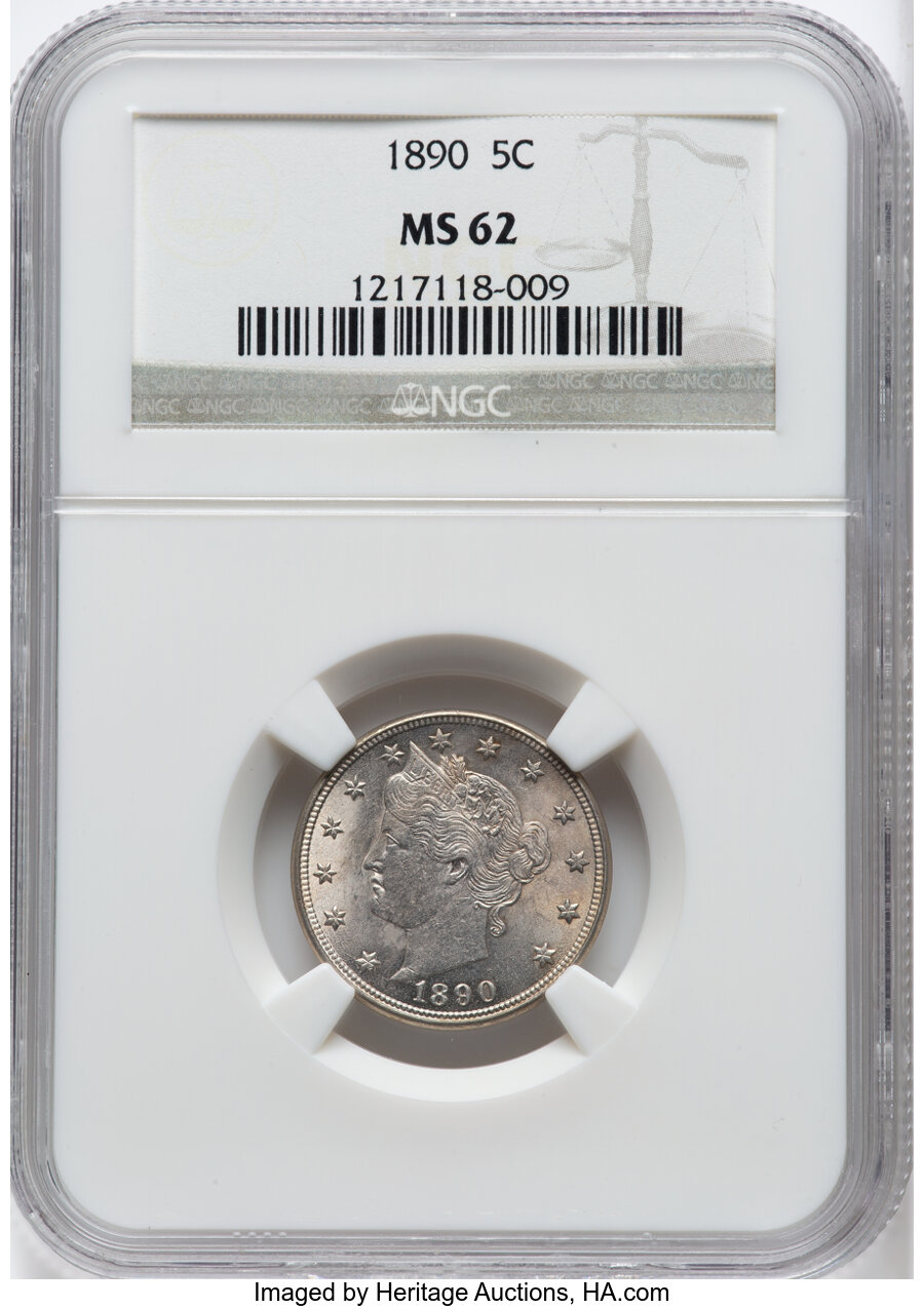 1890 5C MS62 NGC. NGC Census: (52/278). Mintage 16,259,272. ...