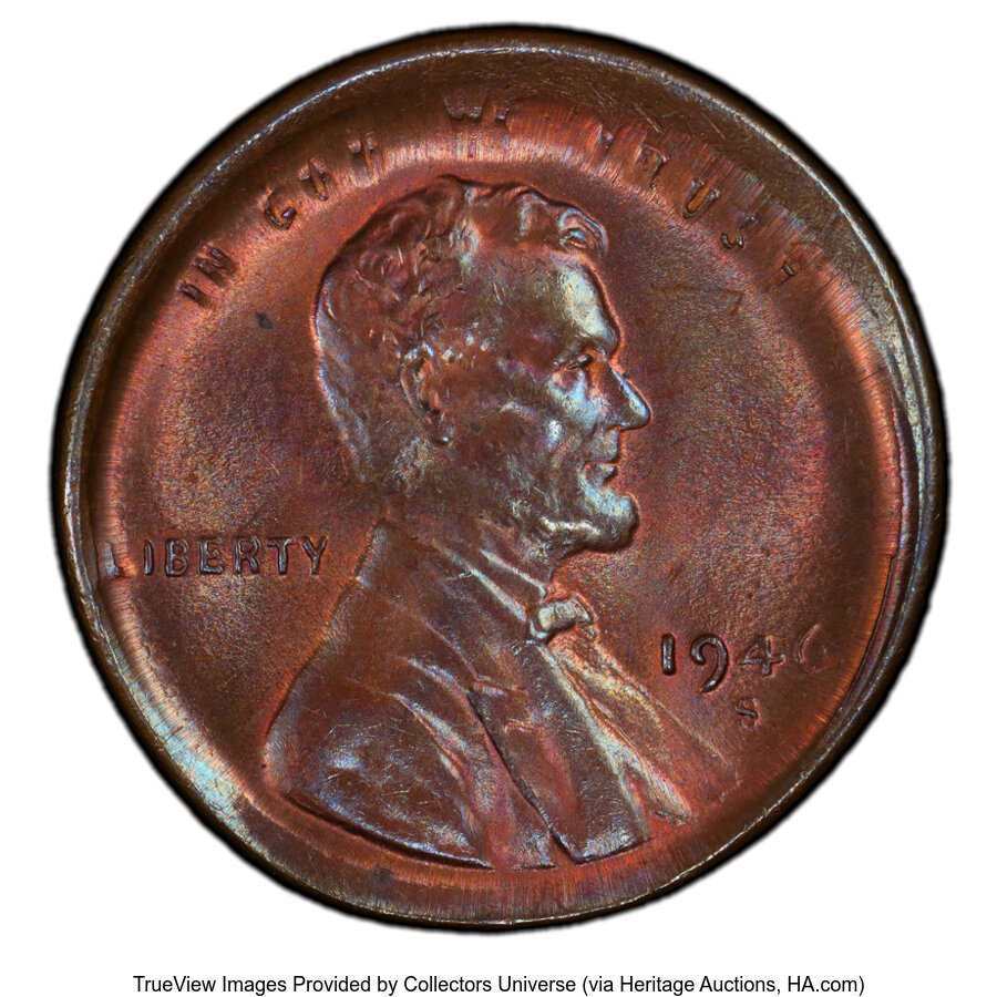 1946-S 1C Lincoln Cent -- Broadstruck -- MS62 Brown PCGS. PCGS Population: (5/23 and 0/0+). Mintage 198,100,000....