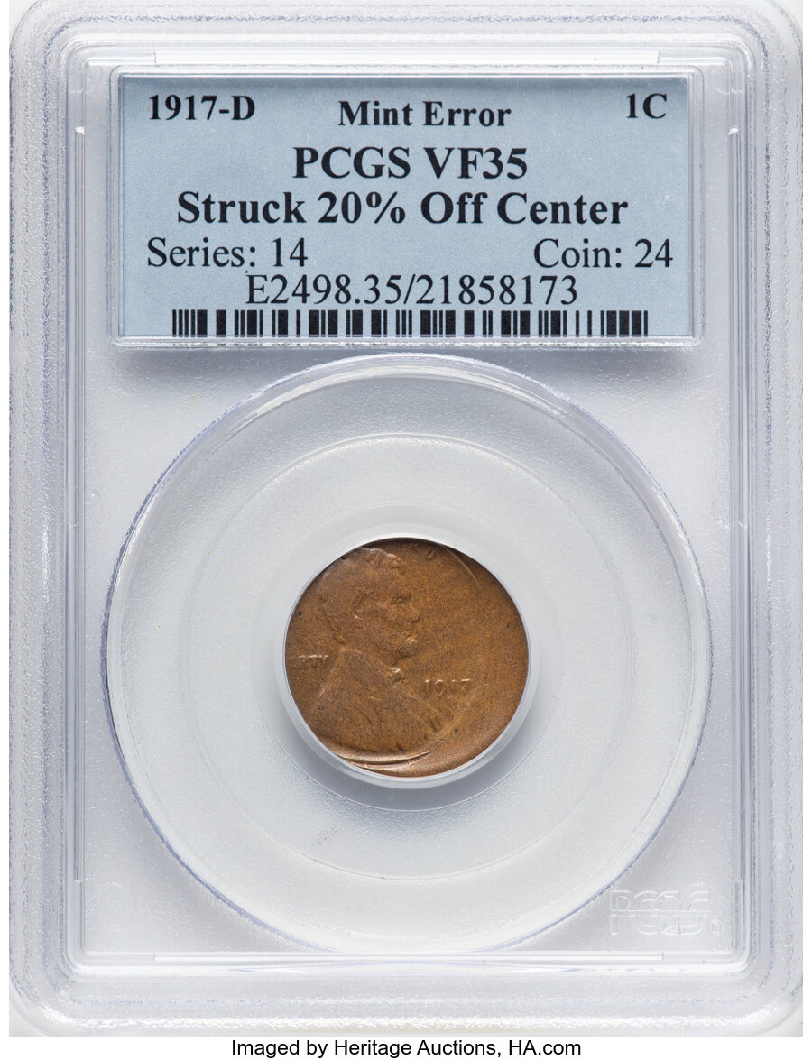 1917-D 1C Lincoln Cent -- Struck on 20% Off Center -- VF35 PCGS. PCGS Population: (16/843). Mintage 55,120,000...