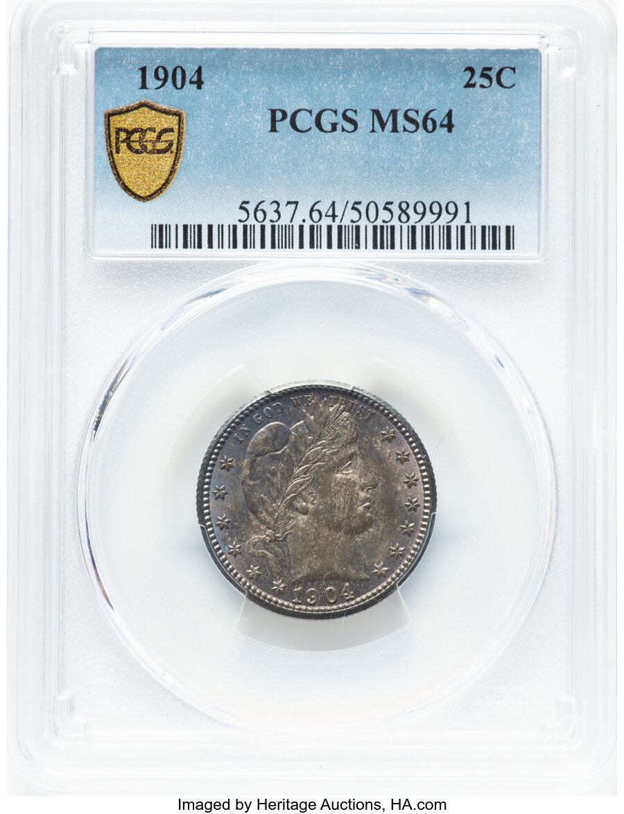 1904 25C MS64 PCGS. PCGS Population: (40/32 and 0/4+). Mintage 9,588,813. ...