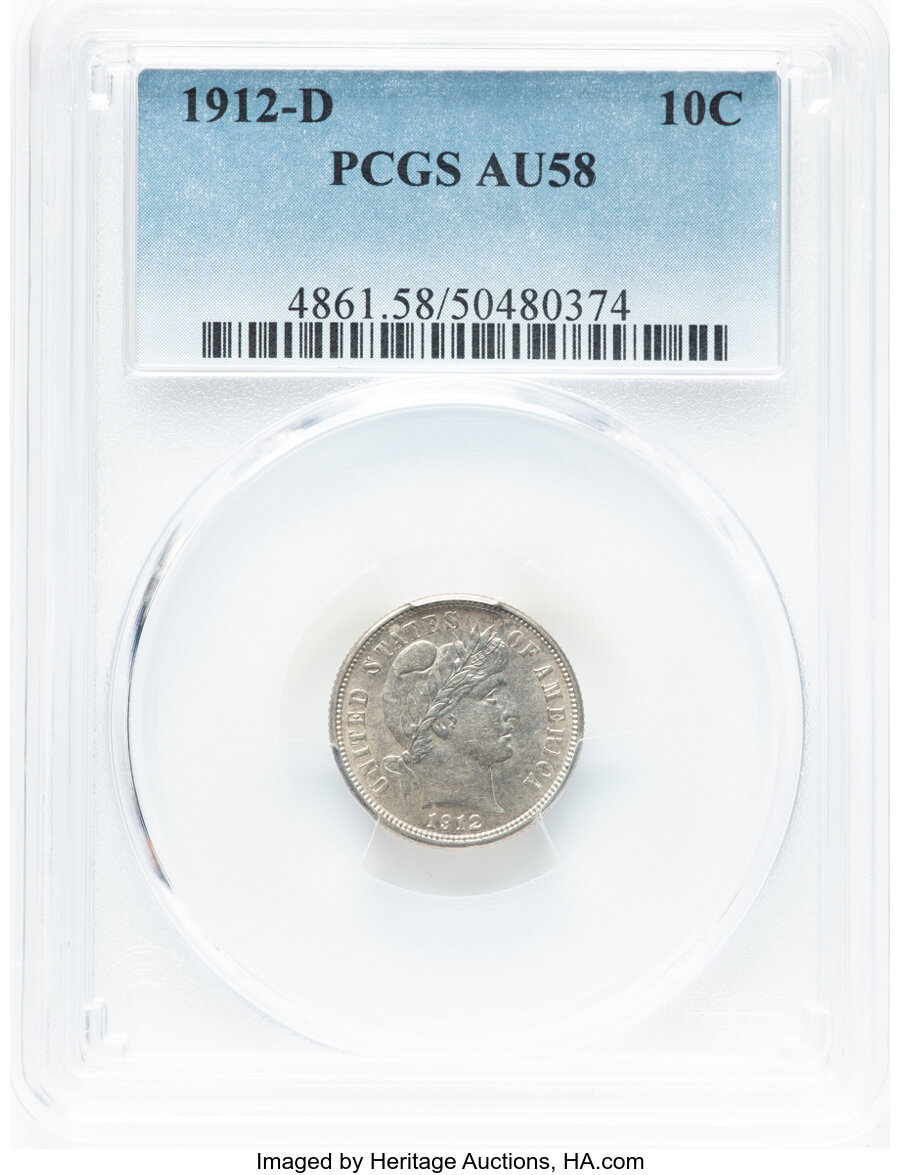 1912-D 10C AU58 PCGS. PCGS Population: (91/345). Mintage 11,760,000. ...
