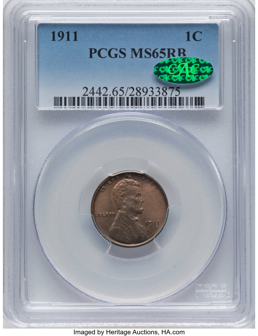 1911 1C MS65 Red and Brown PCGS. CAC. CAC Population: (25/5). Mintage 101,177,787. ...