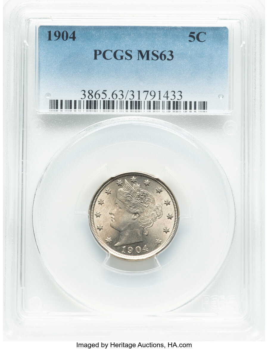 1904 5C MS63 PCGS. Mintage 21,404,984. ...